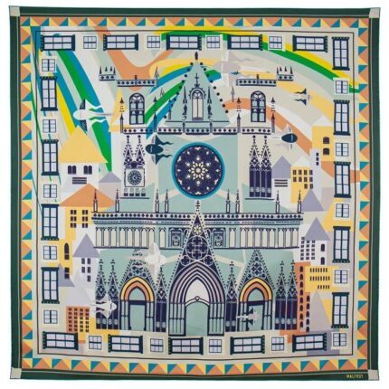 Silk scarf 90, silk twill printed Les Lumières de Lyon – Green