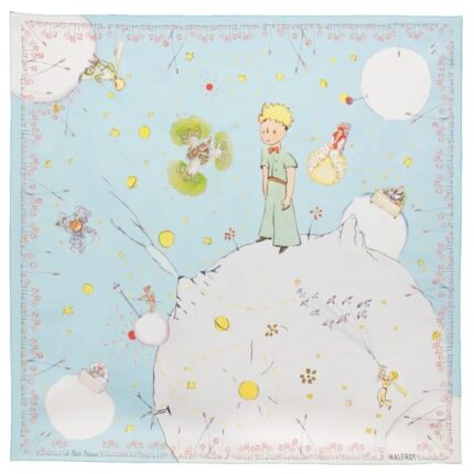 Silk scarf 67, Le Petit Prince silk twill with Planets print – Sky Blue