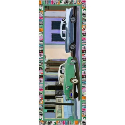 Wool and silk scarf 67×180 printed Carros Americanos by the artist Anne du Planty – Green