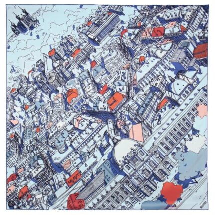 Silk square 90, printed silk twill Lyon Grand Hôtel Dieu by the Artist Emilie Ettori – Blue