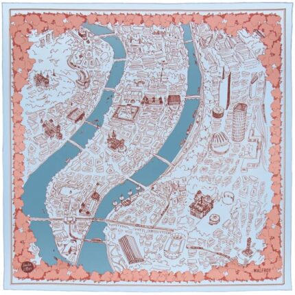 Silk square 67, silk pongee printed Lyon Presqu'île by the Artist Emilie Ettori – Sky Blue