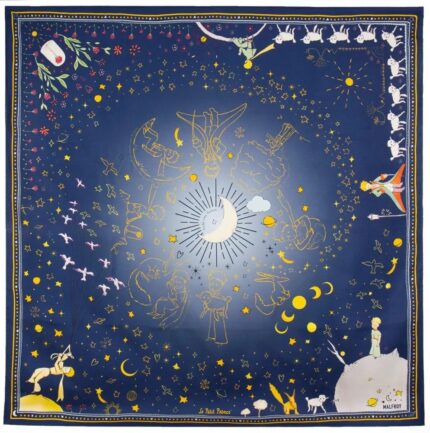 90 silk square, silk twill printed with the night of the Little Prince – Navy Blue
