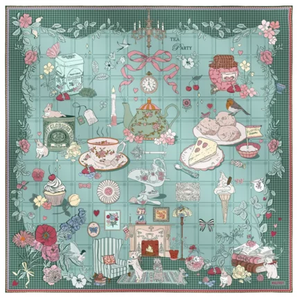 Silk square 90, silk twill printed Tea Time – Green