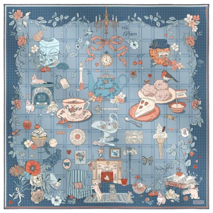 Silk square 90, silk twill printed Tea Time – Blue