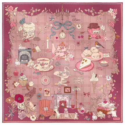 Silk square 90, silk twill printed Tea Time – Pink