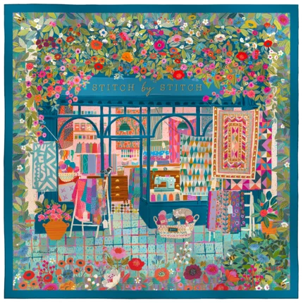 Silk square 67, silk pongee printed La mercerie, by the artist Victoria Ball – Blue