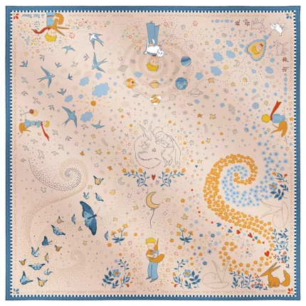 Silk square 90, silk twill printed with the Little Prince's friends - Beige