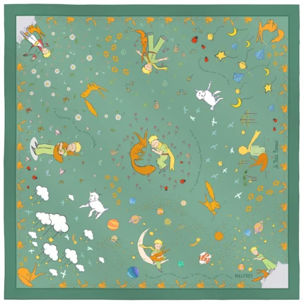 Cotton and silk square 67 the little Prince fox print – Green