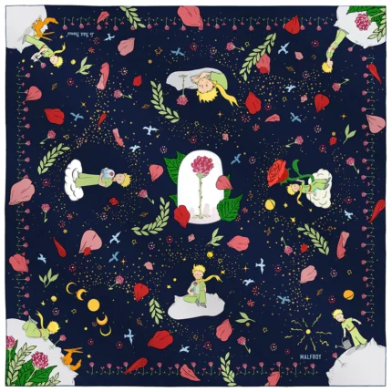 Silk square 67, the Little Prince's rose – Navy blue
